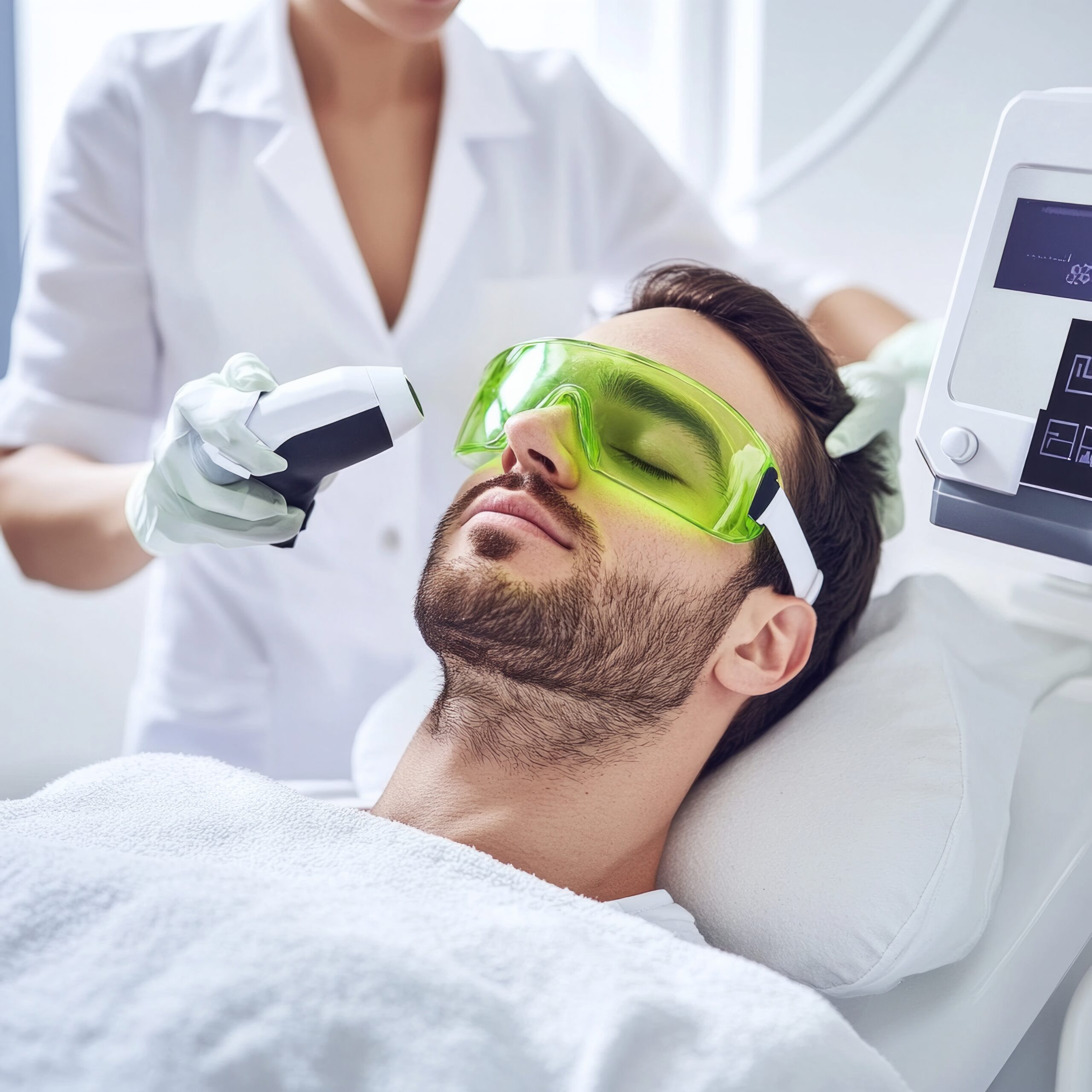 Man undergoing laser facial treatment in modern clinic setting